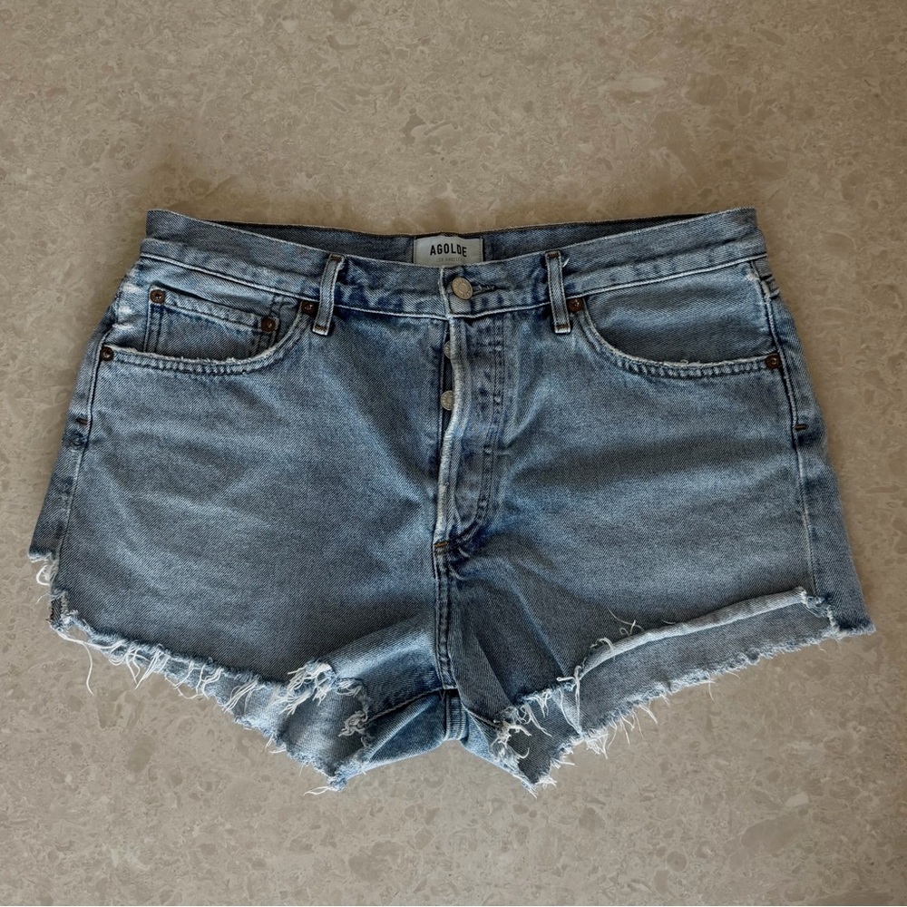 Agolde Light Blue Frayed Hem Jean Shorts